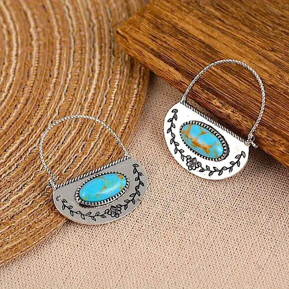 Silver Turquoise Dangle Earrings Boho Western Design Tribal - Picture 4 of 4